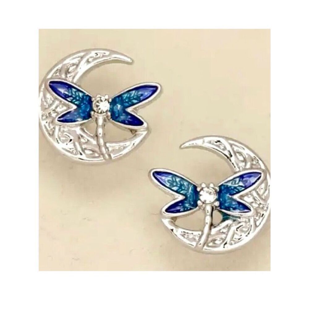NWT Gorgeous Silver & Blue Bling Blin Dragonfly & Moon Rhinestones Stud earrings